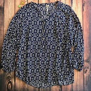 Grand & Greene Ikat Blouse Top 2X EUC blue white